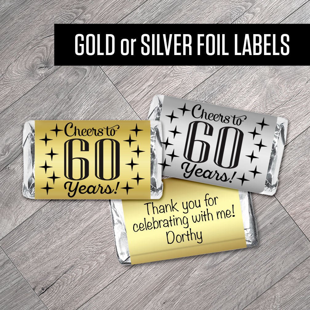Set of 42 - Cheers to, any year, with Stars, Personalized Gold or Silver Metallic Foil Labels