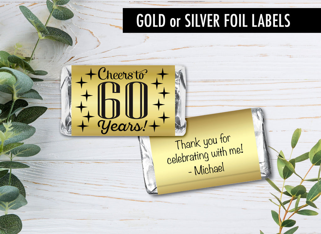 Set of 42 - Cheers to, any year, with Stars, Personalized Gold or Silver Metallic Foil Labels