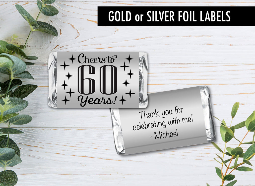 Set of 42 - Cheers to, any year, with Stars, Personalized Gold or Silver Metallic Foil Labels