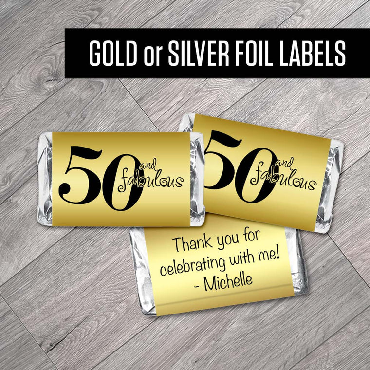 Set of 42 - 50, any age, and Fabulous, Silver or Gold Metallic Foil Labels