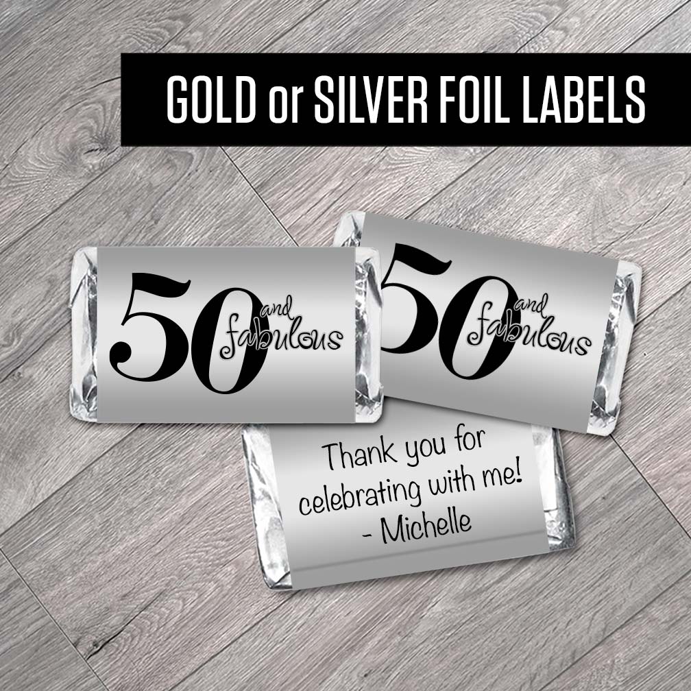 Set of 42 - 50, any age, and Fabulous, Silver or Gold Metallic Foil Labels