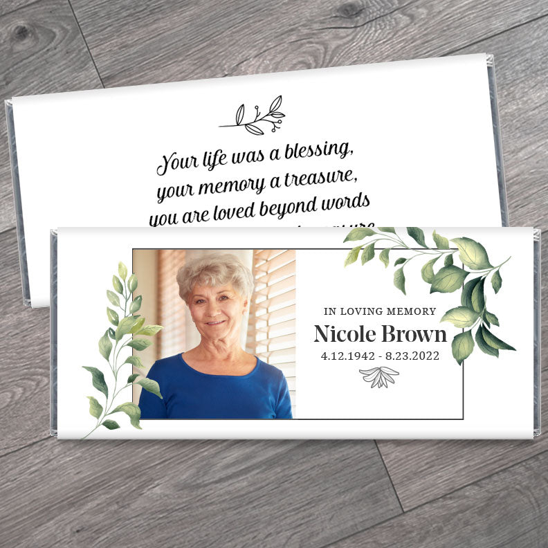Memorial Candy Bar Wrappers with Photo and Leaf Border
