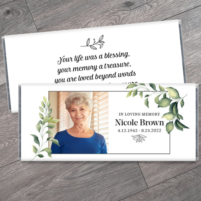 Memorial Candy Bar Wrappers with Photo and Leaf Border
