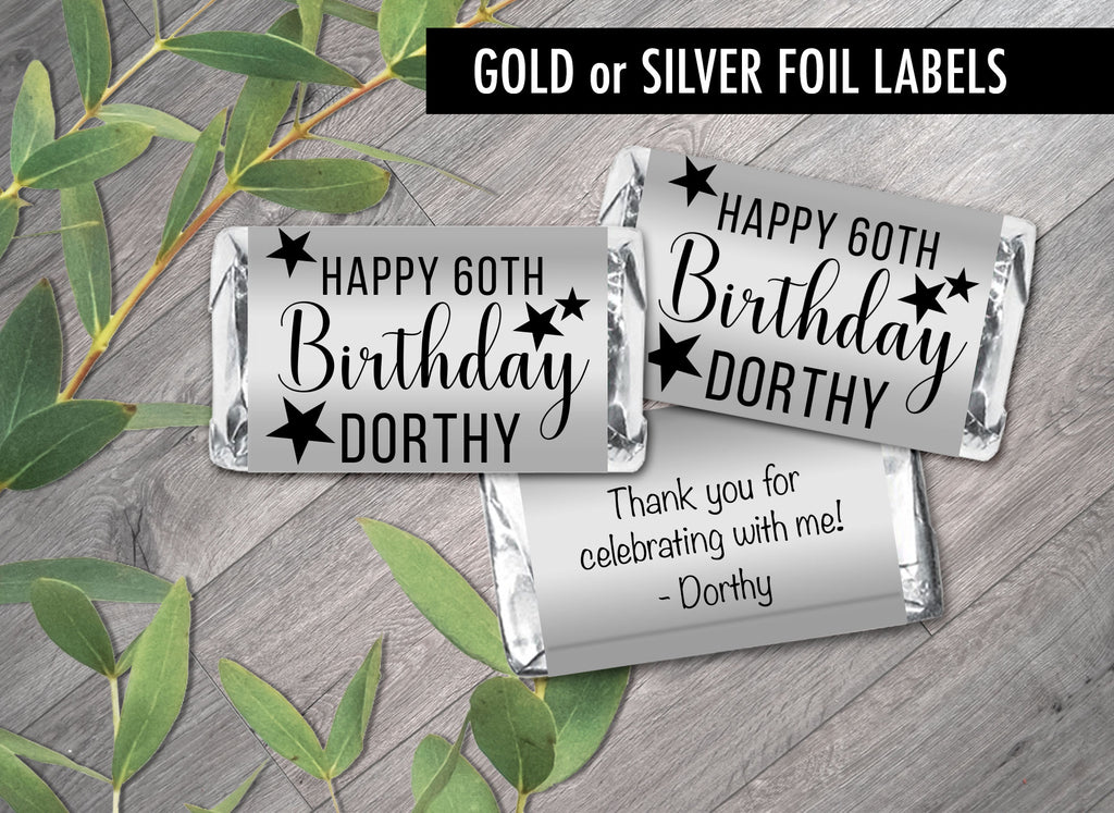 Set of 42 - Happy Birthday Personalized Silver or Gold Metallic Foil Labels