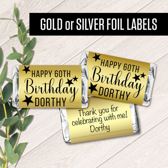 Set of 42 - Happy Birthday Personalized Silver or Gold Metallic Foil Labels