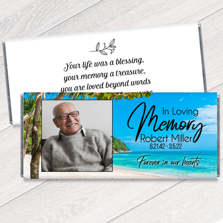Celebration of Life Candy Bar Wrappers with Ocean Scene Background