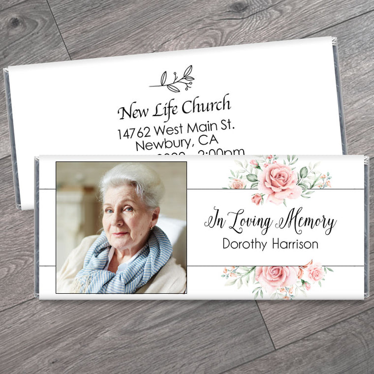 In Loving Memory Candy Bar Wrappers with Pink Floral Border and Photo