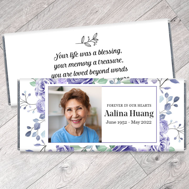 Memorial Candy Bar Wrappers with Purple Floral Border and Photo