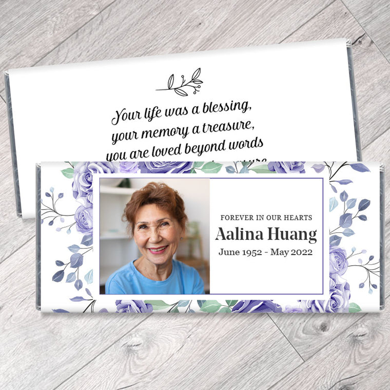 Memorial Candy Bar Wrappers with Purple Floral Border and Photo