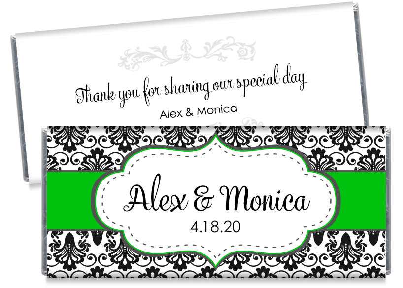 Black Paisley with Green Banner Wedding Candy Bar Wrappers