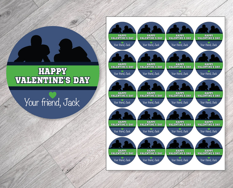 Navy Blue and Green Football Personalized Valentine's Day Stickers
