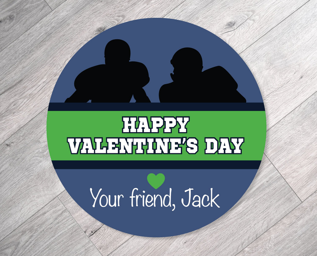 Navy Blue and Green Football Personalized Valentine's Day Stickers
