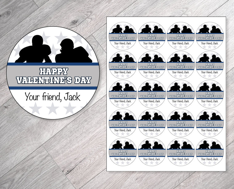 Navy Blue and Silver Football Personalized Valentine's Day Stickers