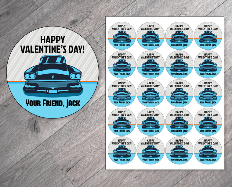 Blue Retro Car Personalized Valentine's Day Stickers