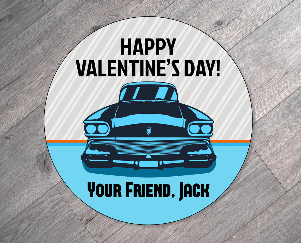 Blue Retro Car Personalized Valentine's Day Stickers