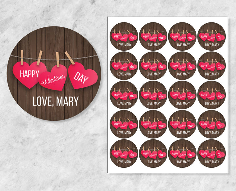Hanging Hearts on Wood Personalized Valentine's Day Stickers