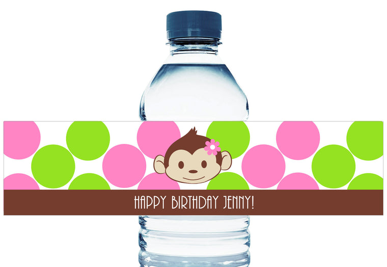 Mod Monkey Pink Girl Birthday Party Water Bottle Labels