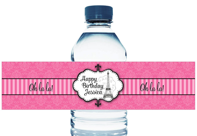Pink Paris Party Girl Birthday Water Bottle Labels