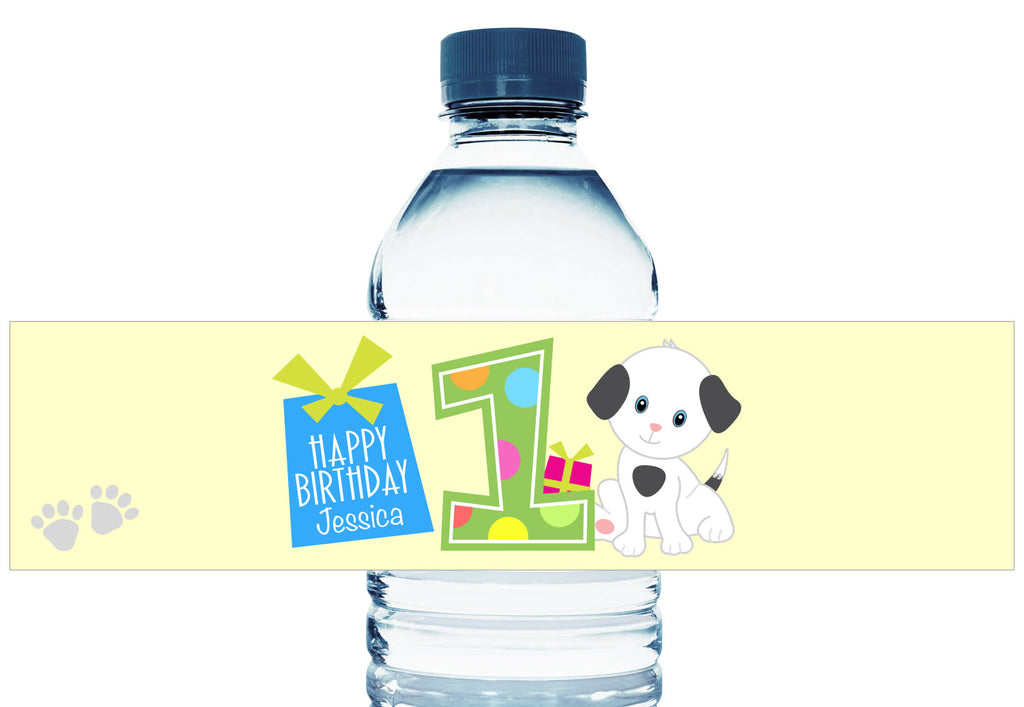 Puppy First Birthday Girl Water Bottle Labels