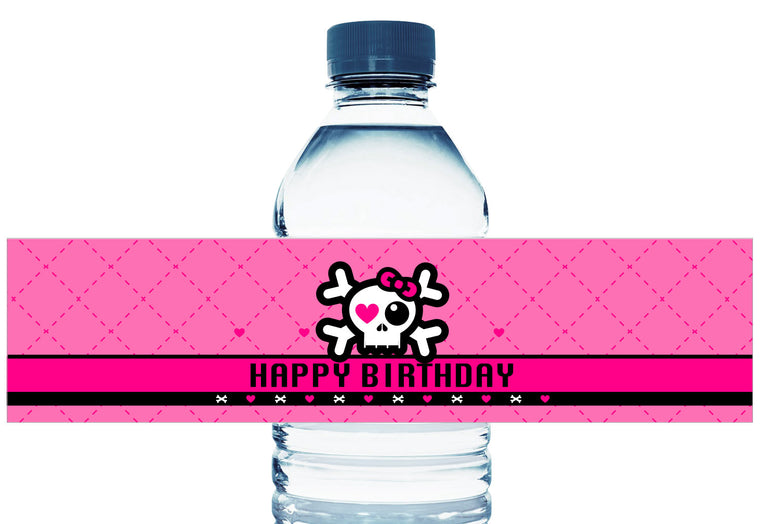 Pink Skull Birthday Girl Water Bottle Labels