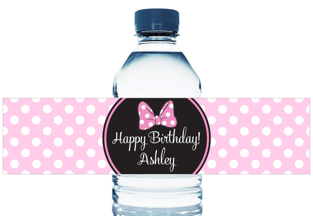 Minnie Bow Girl Birthday Water Bottle Labels