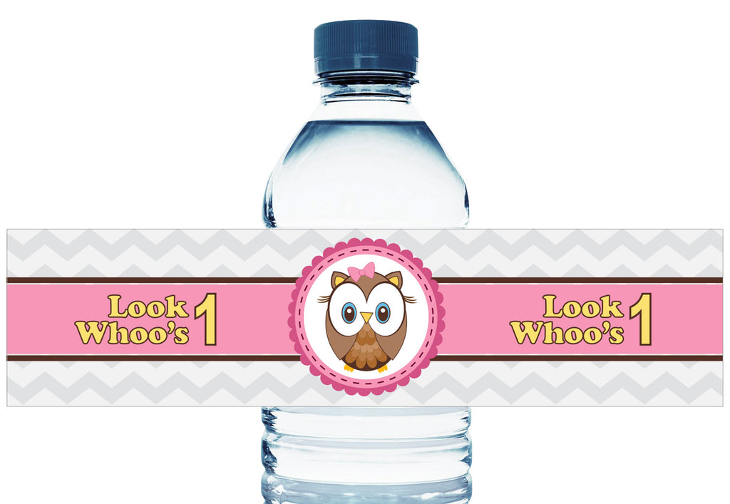 Look Whoos 1, 2, 3, any age, Girl Birthday Water Bottle Labels
