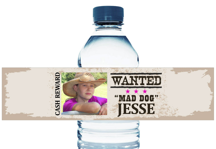 Wanted Cowgirl Photo Girl Birthday Water Bottle Labels