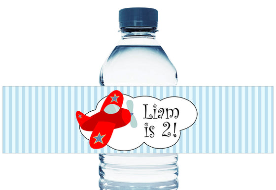 Retro Red Airplane Personalized Boy Birthday Water Bottle Labels