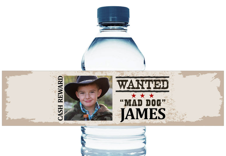 Wanted Cowboy Photo Personalized Boy Birthday Water Bottle Labels