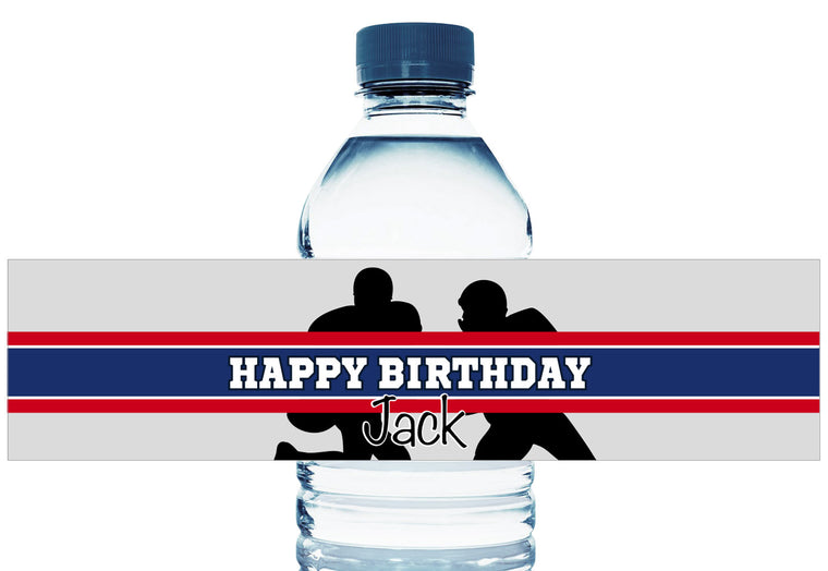 Red White and Blue Football Personalized Boy Birthday Water Bottle Labels
