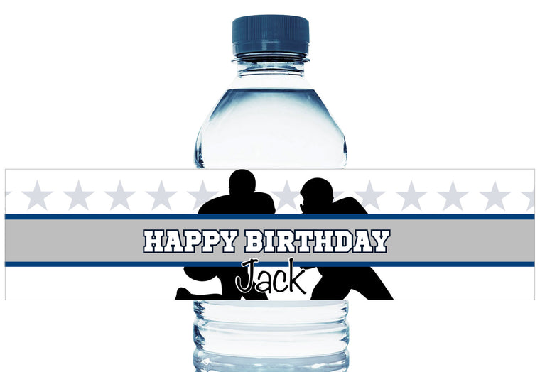 Blue and Silver Football Personalized Boy Birthday Water Bottle Labels
