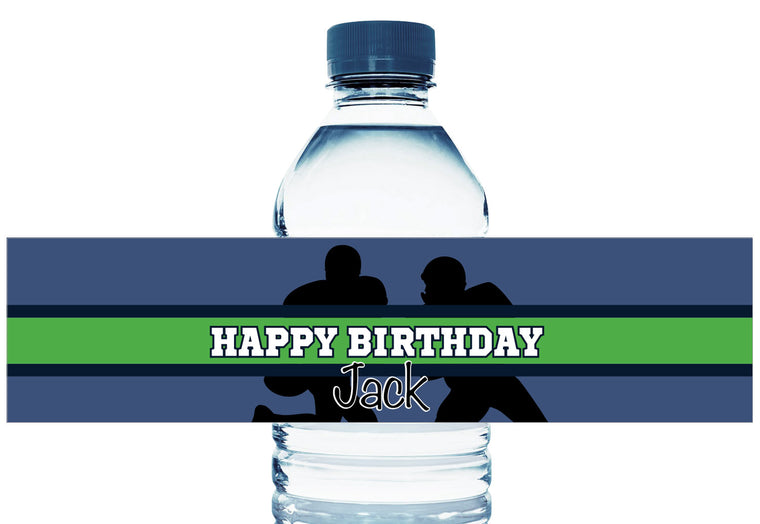 Blue and Green Football Personalized Boy Birthday Water Bottle Labels