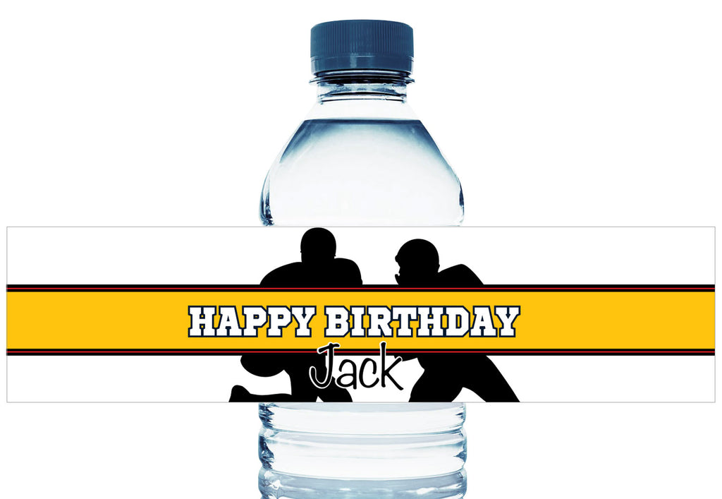 Black and Yellow Football Personalized Boy Birthday Water Bottle Labels