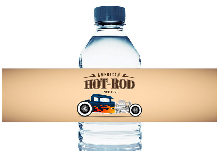Hot Rod Car Personalized Boy Birthday Water Bottle Labels
