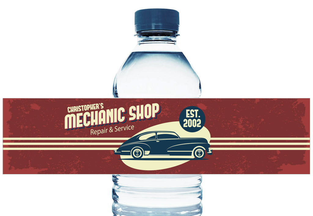 Car Mechanics Shop Personalized Boy Birthday Water Bottle Labels
