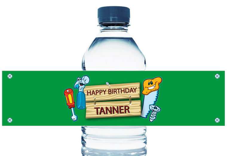 Carpenter Tools Personalized Boy Birthday Water Bottle Labels