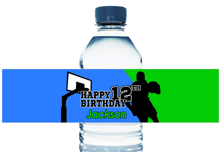 Basketball Silhouette Boy Birthday Personalized Water Bottle Labels