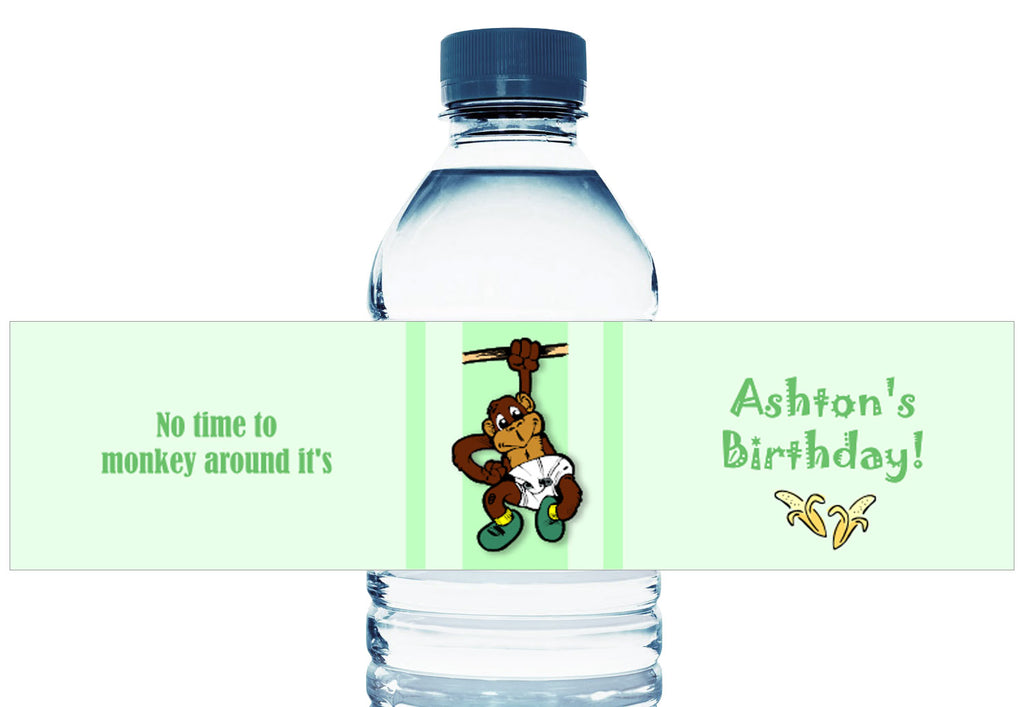 Hanging Monkey Boy Birthday Personalized Water Bottle Labels