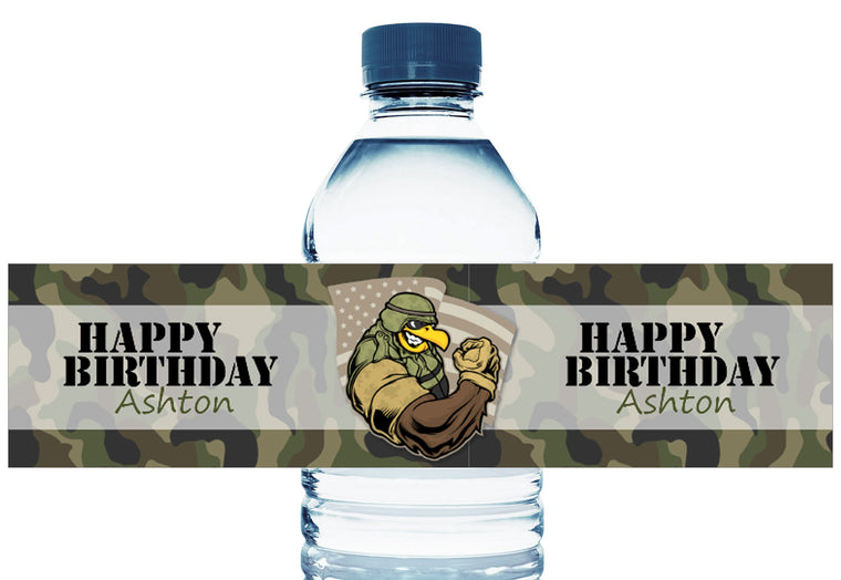 Military Eagle Camo Boy Birthday Personalized Water Bottle Labels