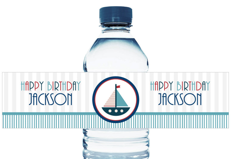 Nautical Sailboat Boy Birthday Personalized Water Bottle Labels