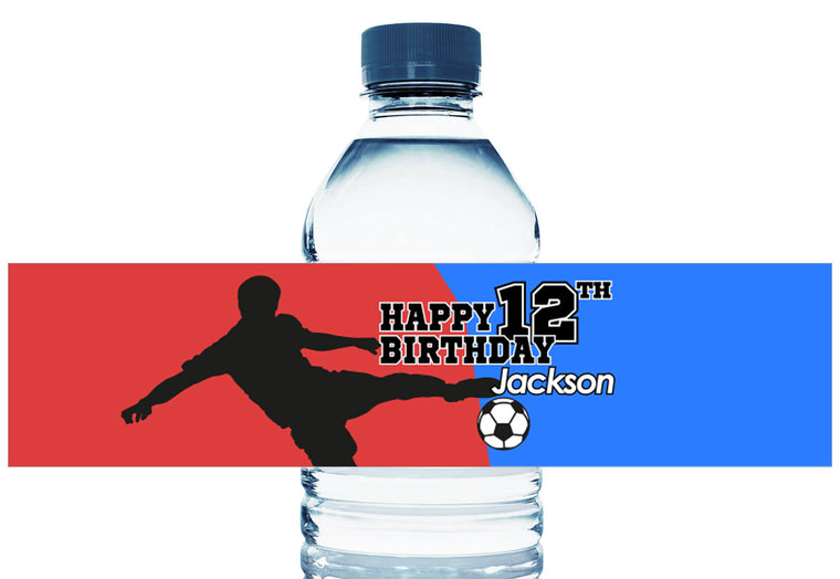Soccer Silhouette Boy Birthday Personalized Water Bottle Labels