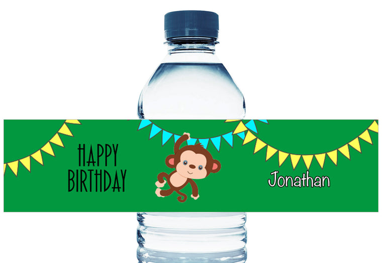 Monkey Party Boy Birthday Personalized Water Bottle Labels