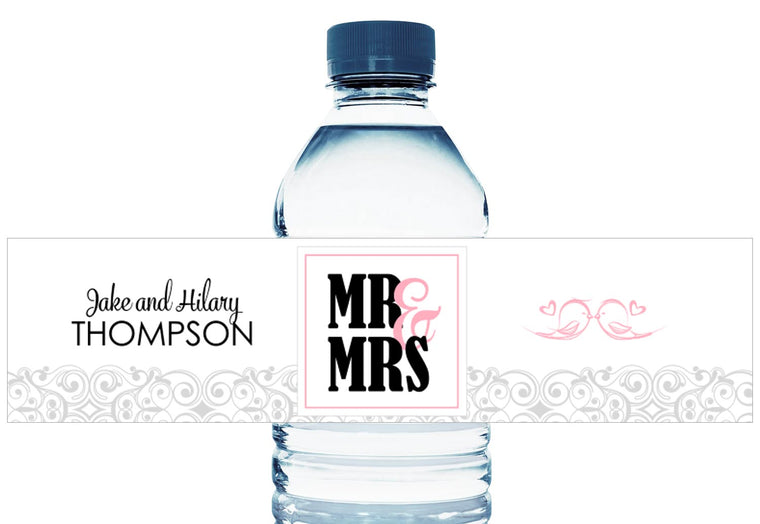 Mr and Mrs Love Birds Personalized Wedding Water Bottle Labels