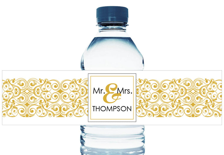 Paisley Banner Personalized Wedding Water Bottle Labels