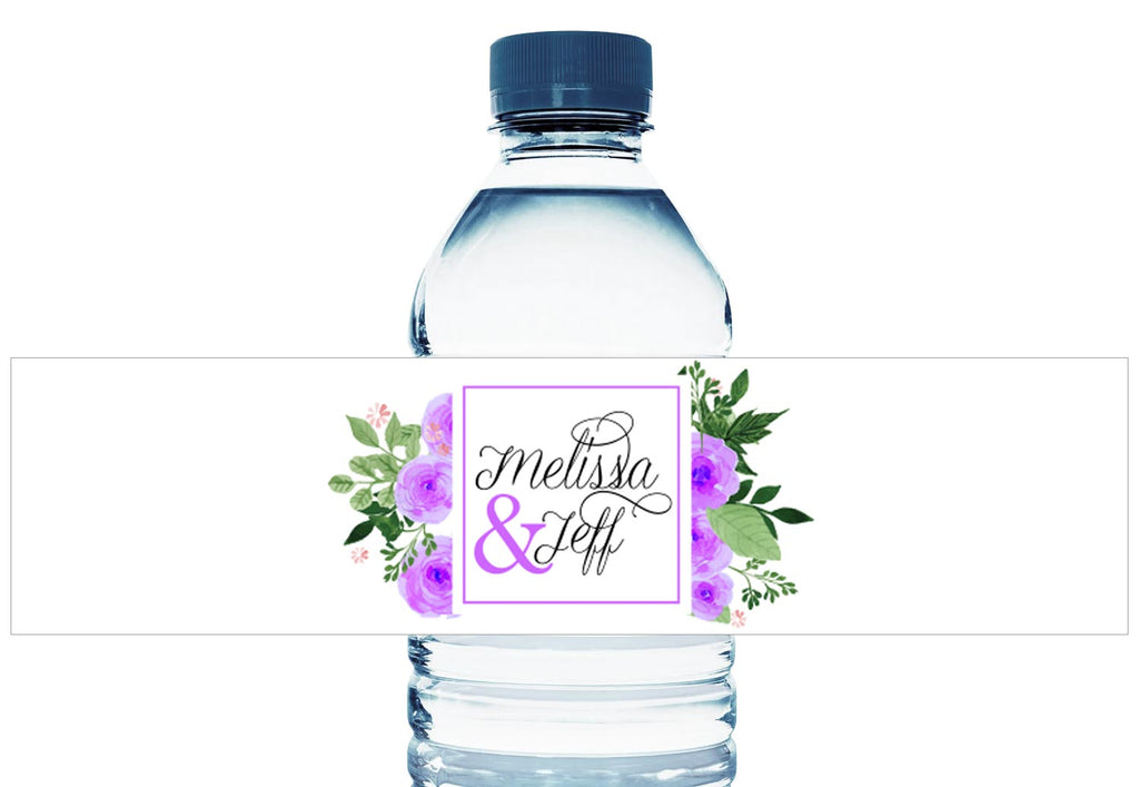 Purple Floral Personalized Wedding Water Bottle Labels