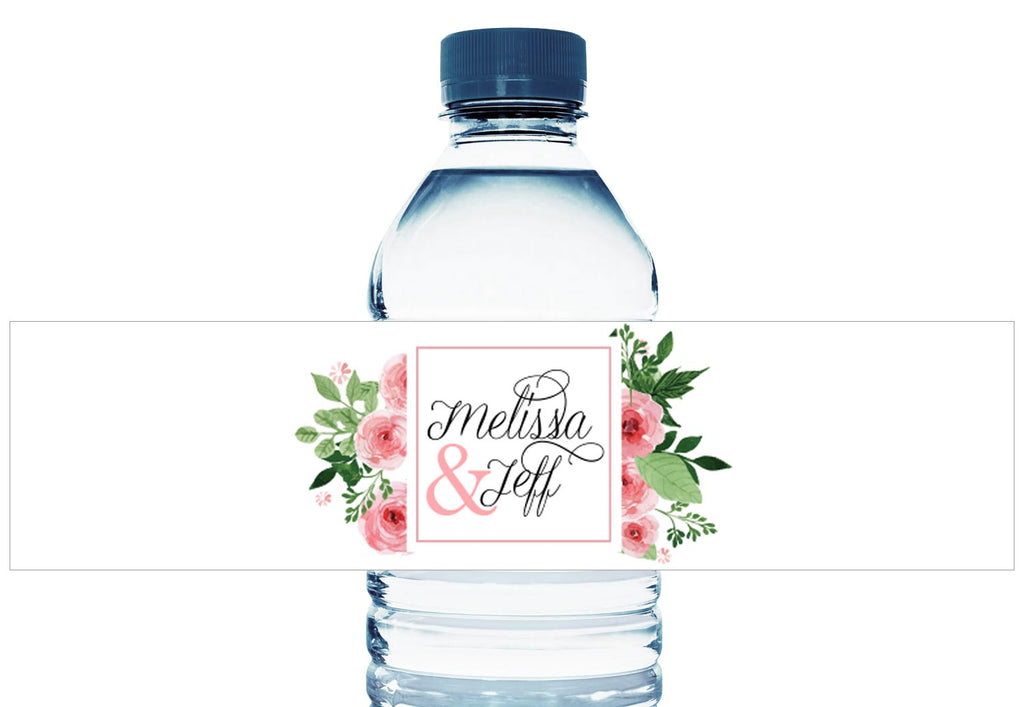 Pink Floral Personalized Wedding Water Bottle Labels