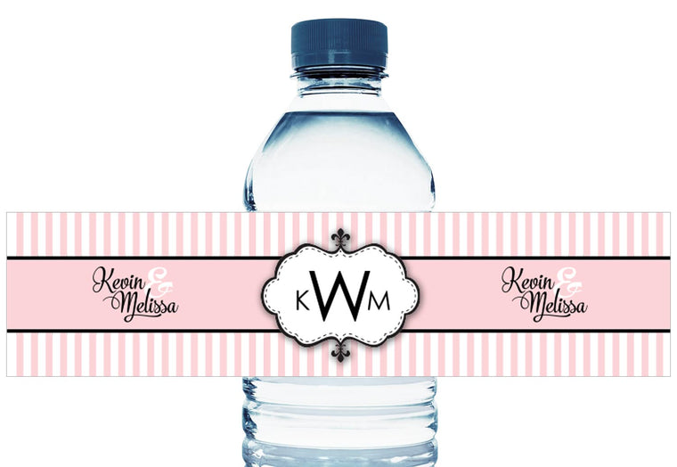 Monogram Pink Stripes Personalized Wedding Water Bottle Labels