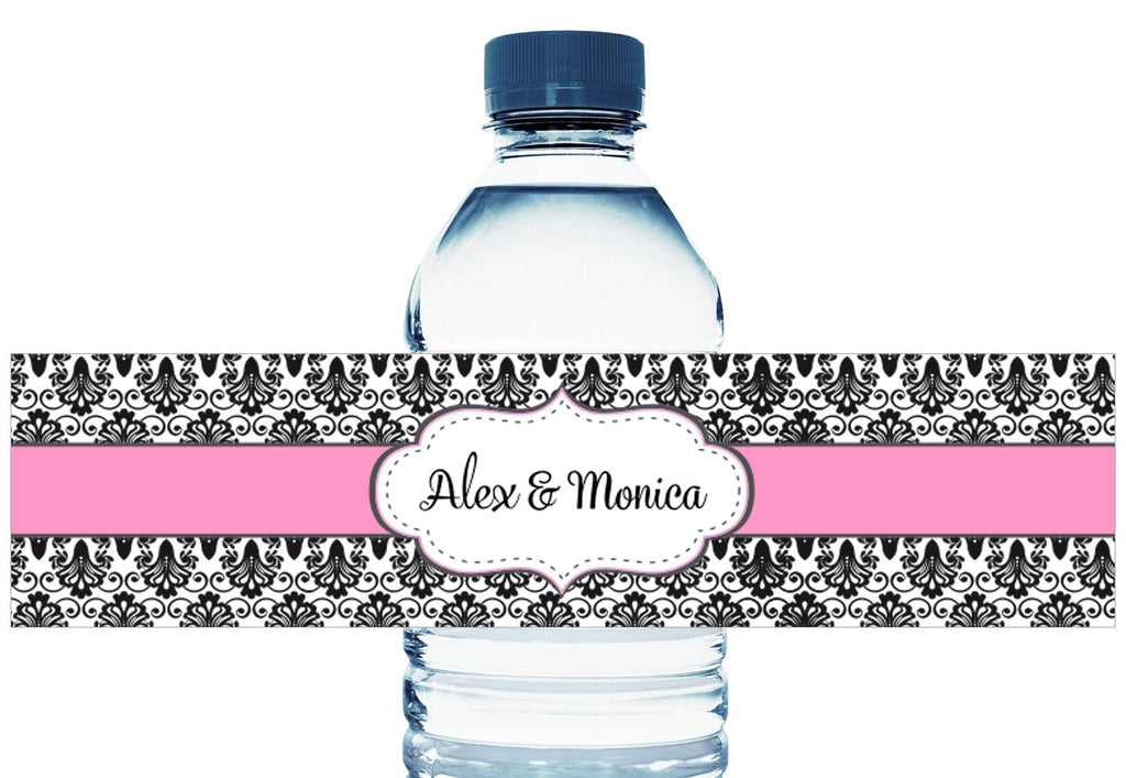 Paisley Black and Pink Personalized Wedding Water Bottle Labels