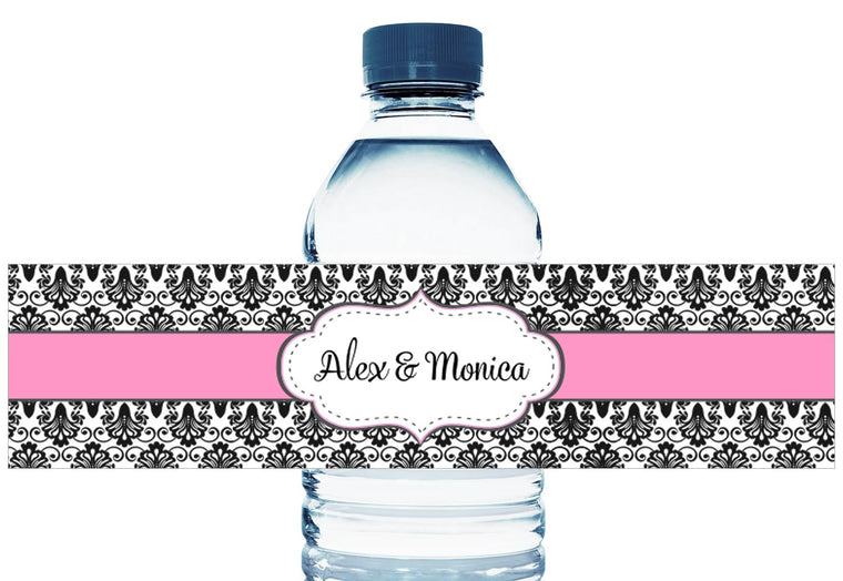 Paisley Black and Pink Personalized Wedding Water Bottle Labels