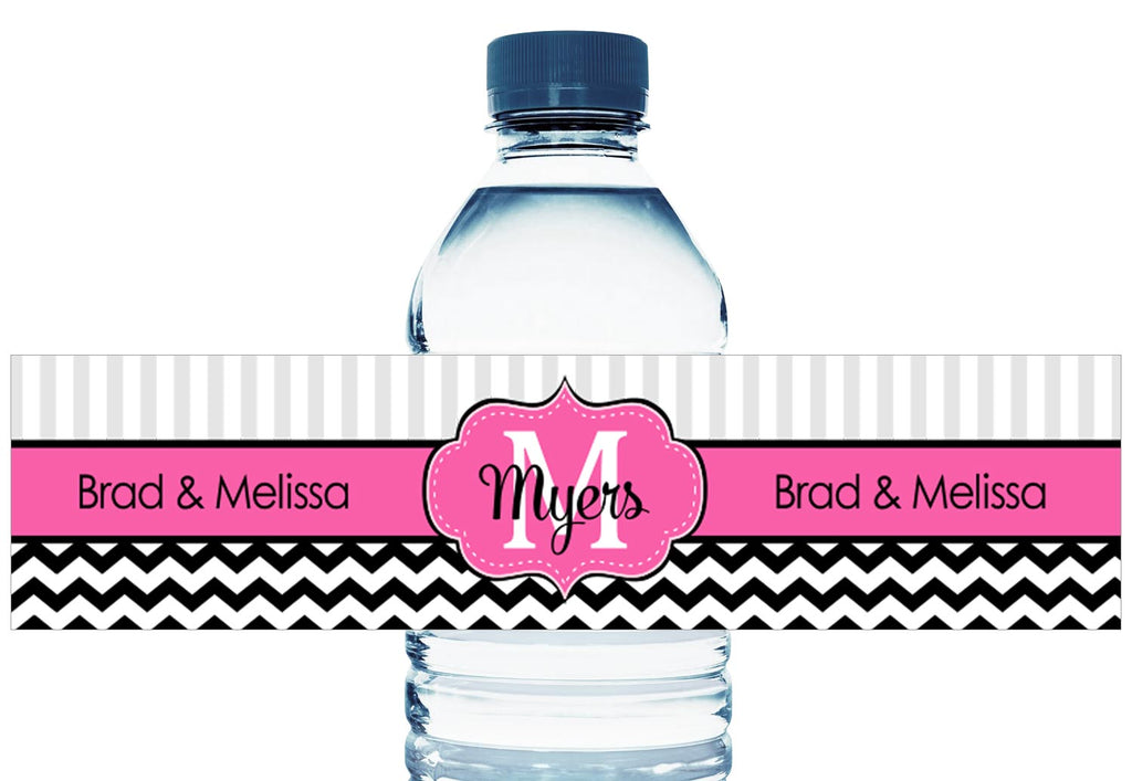 Monogram Pink and Black Chevron Wedding Water Bottle Labels